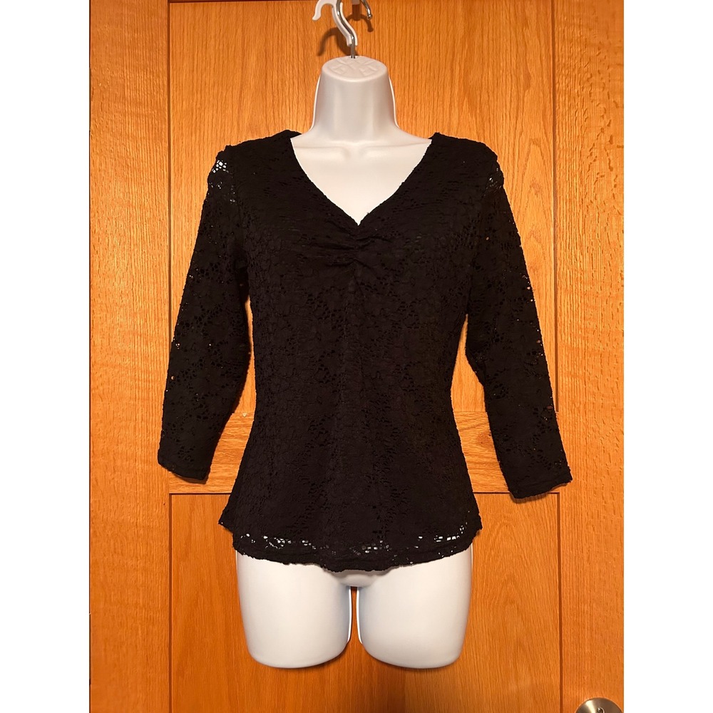 Vintage Jaclyn Smith Classic Black Floral Lace V-Neck 3/4 Sleeve Lined Top Small